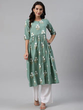 Women Cotton Green Floral Printed A Line Kurti 1